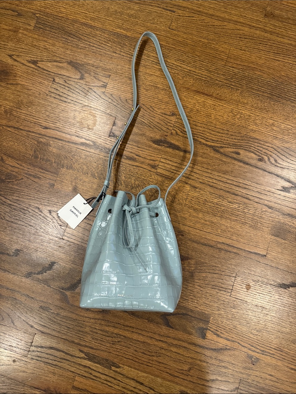 NWT Mansur Gavriel Croc-Embossed Drawstring Crossbody Bag in Pale Blue
